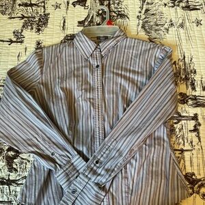 Ann Taylor Women's Striped Button Down Shirt - Blue and White